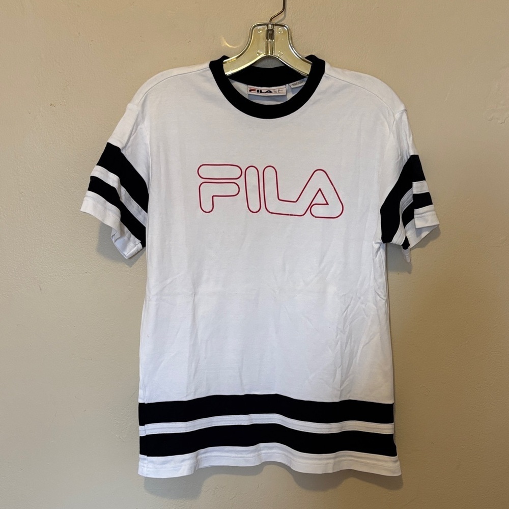Fila White Long Sleeve Tee with Black Stripes and Pink Logo